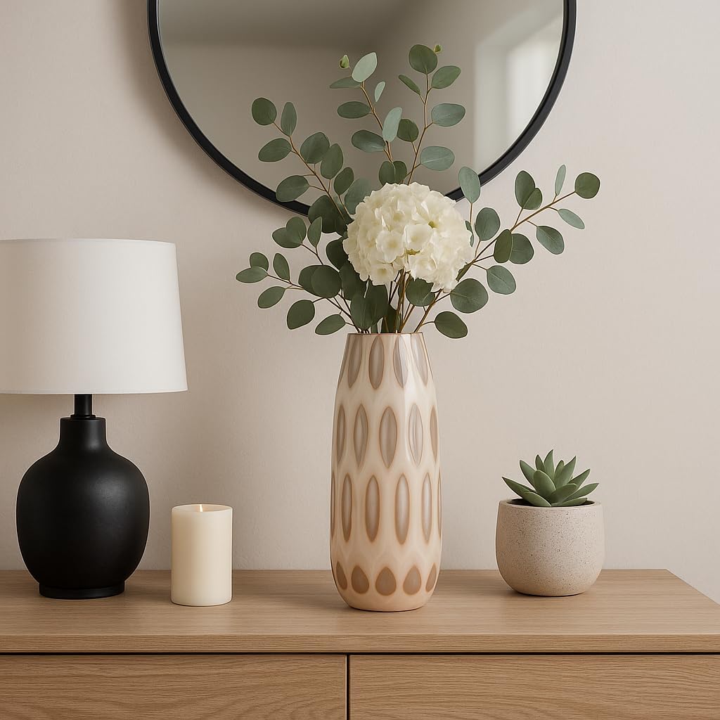 Decorative Large Glass Vase with Chiseled Accent for Living Room Decor - Elegant Flower Vase Perfect for Offfice Styling, Tabletop, and Home Decor - Artisan House Accent for Bedroom - 18" Tan