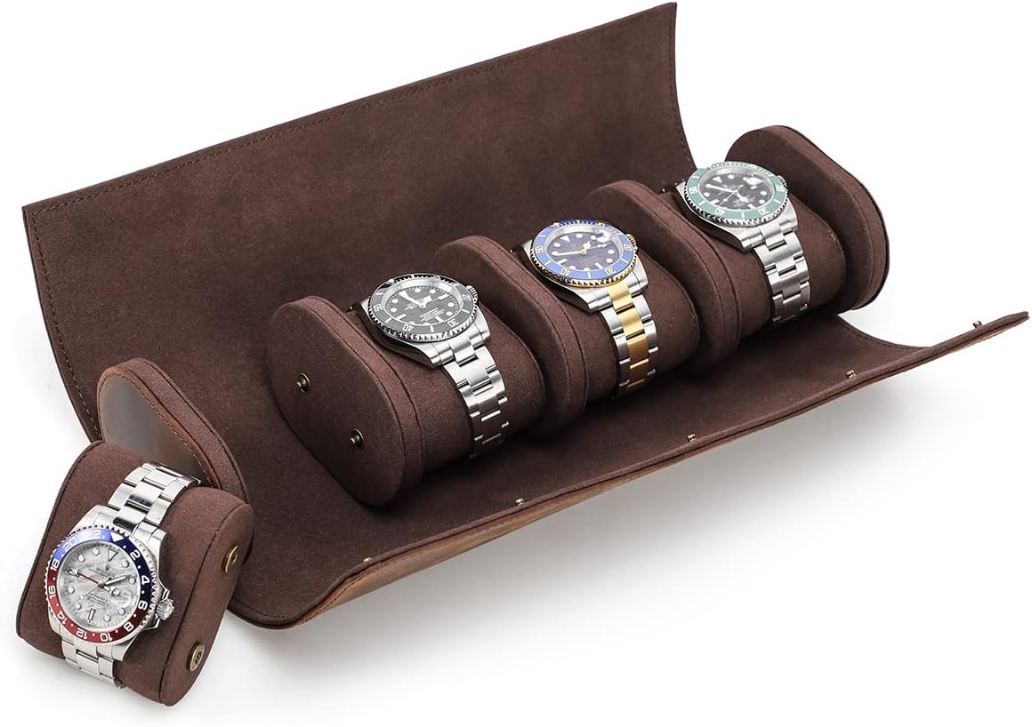 Hiram Genuine Leather Watch Roll Travel Storage Case for 4 Watches, Leather 4-Watches Roll Case for Treasured Business Watches and Bracelets-Coffee