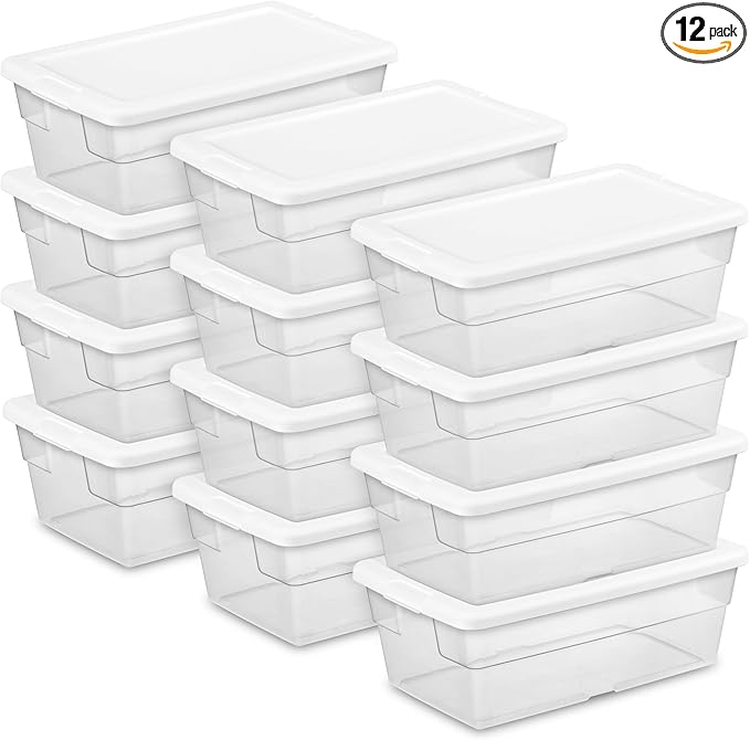 Sterilite 12 Pack Storage Box, 6 Quart Stackable Tote, Clear Plastic Container with Secure Snapping Lids for Home and Office Organization, White