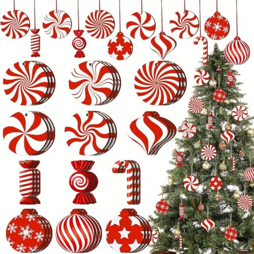 Julgran dekoration trä, 36 stycken godis julhängen röd vit pepparmynta sockerstång, festlig julgransprydnad av trä, små julhängen för julfest