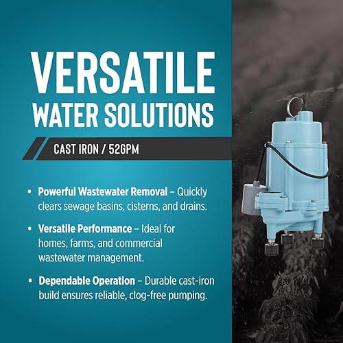 Miniatura 2 de Little Giant 16G-M151-20 1 HP, 52 GPM, 1 fase, 115 voltios, bomba de molinillo sumergible manual de hierro fundido con cable de 20 pies, azul, 509809