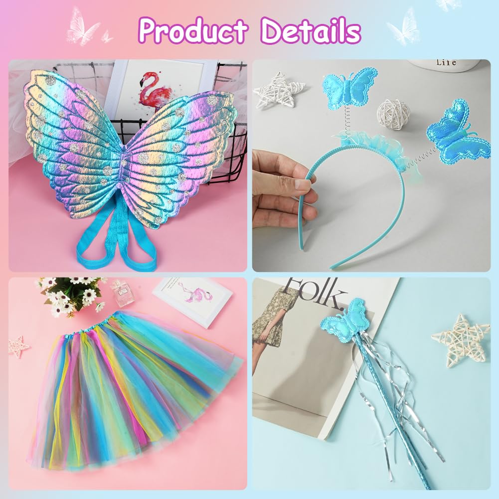 AUYAO 4Pcs Kids Butterfly Wings Costume Set, Fancy Dress Up Butterfly Wings Cape Kids - Image 3
