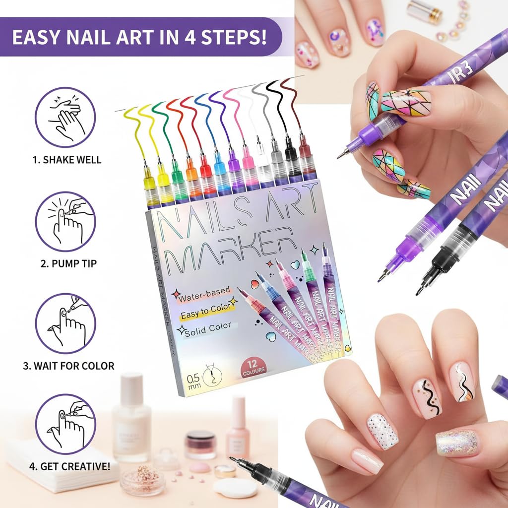 2026 New 12 Colors Nail Art Pens Set, 0.5mm Fine Tip Polish Markers for Drawing - Quick Dry Waterproof DIY Nail Art Kit for Beginners, Gel & Acrylic Nails, Home Salon Manicure Tools (2 Set)