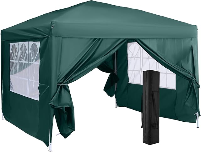 Outsunny 3 x 3 Meters Pop Up Water Resistant Gazebo Wedding Camping Party Tent Canopy Marquee - Green + Free Carry Bag + 2 walls 2 windows