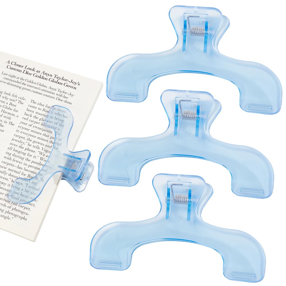 GORGECRAFT 3PCS Transparent Book Clips Portable Reading Book Page Holders Lightweight Bookmark Clip Opener Steel Blue Page Marker Clips for Reading Cookbooks Music Sheets Documents