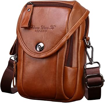 Mens Genuine Leather Crossbody Phone Bag Wallet, Small Retro Waist Bag Belt Pouch with Belt Loop, Men Multifunctional Travel Shoulder Bag Casual Messenger Phone Bag for Outdoor Sports Brown