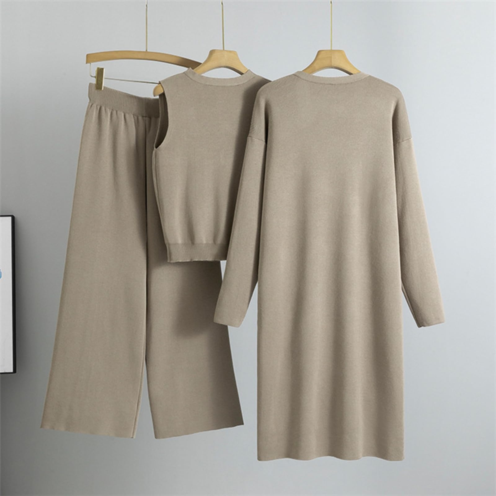 2025 Conjunto de punto para mujer elegante de 3 piezas de lana, puño elástico, jerséis de manga larga y pantalón de cintura ancha, mono de otoño e invierno conjunto de ropa holgada con