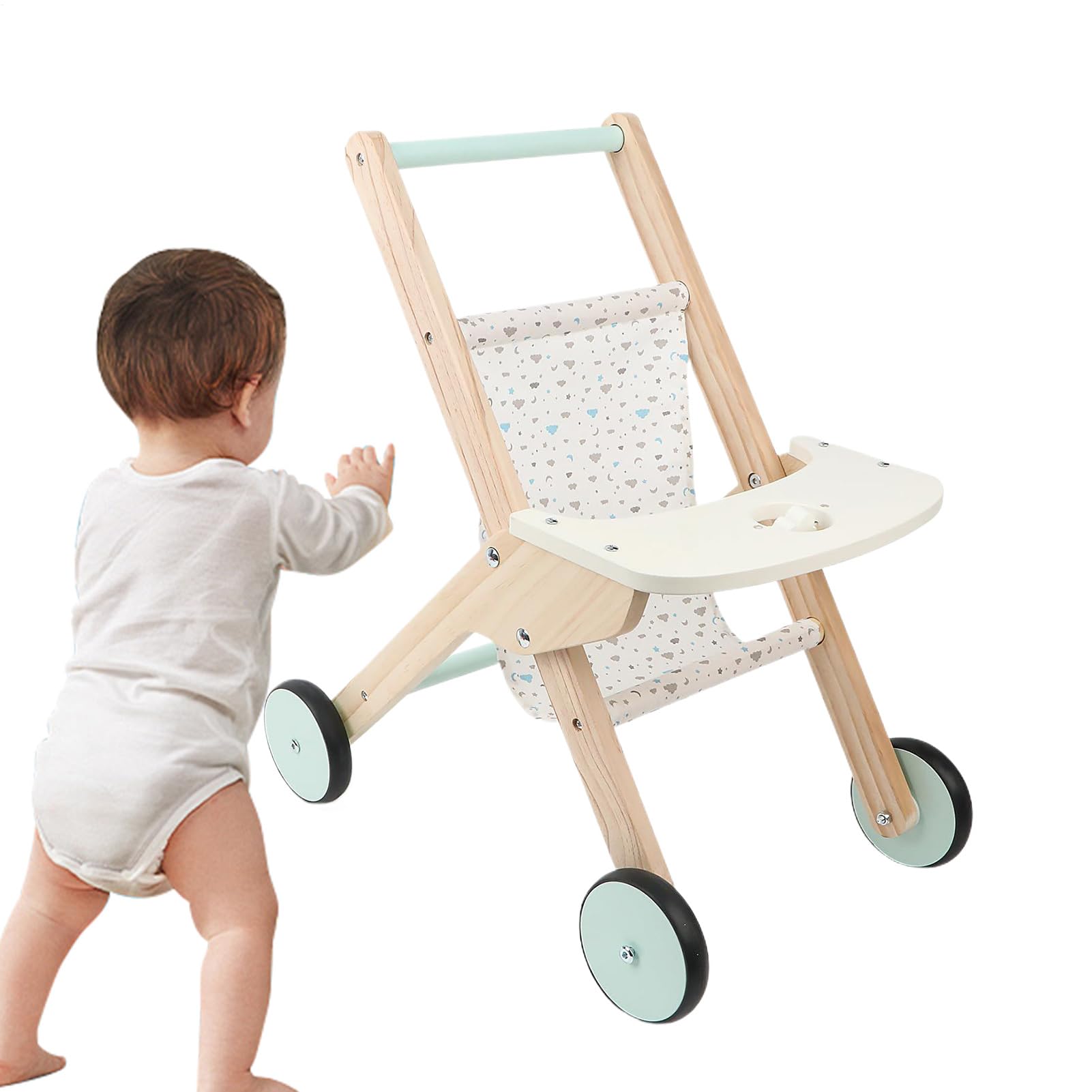 Wooden โ Solid Wood Size | 2kg Doll Stroller Walker With Activity Center Push Along Design | Safe Role Play Learning Walkeล With Brake For Kids Girls Boys