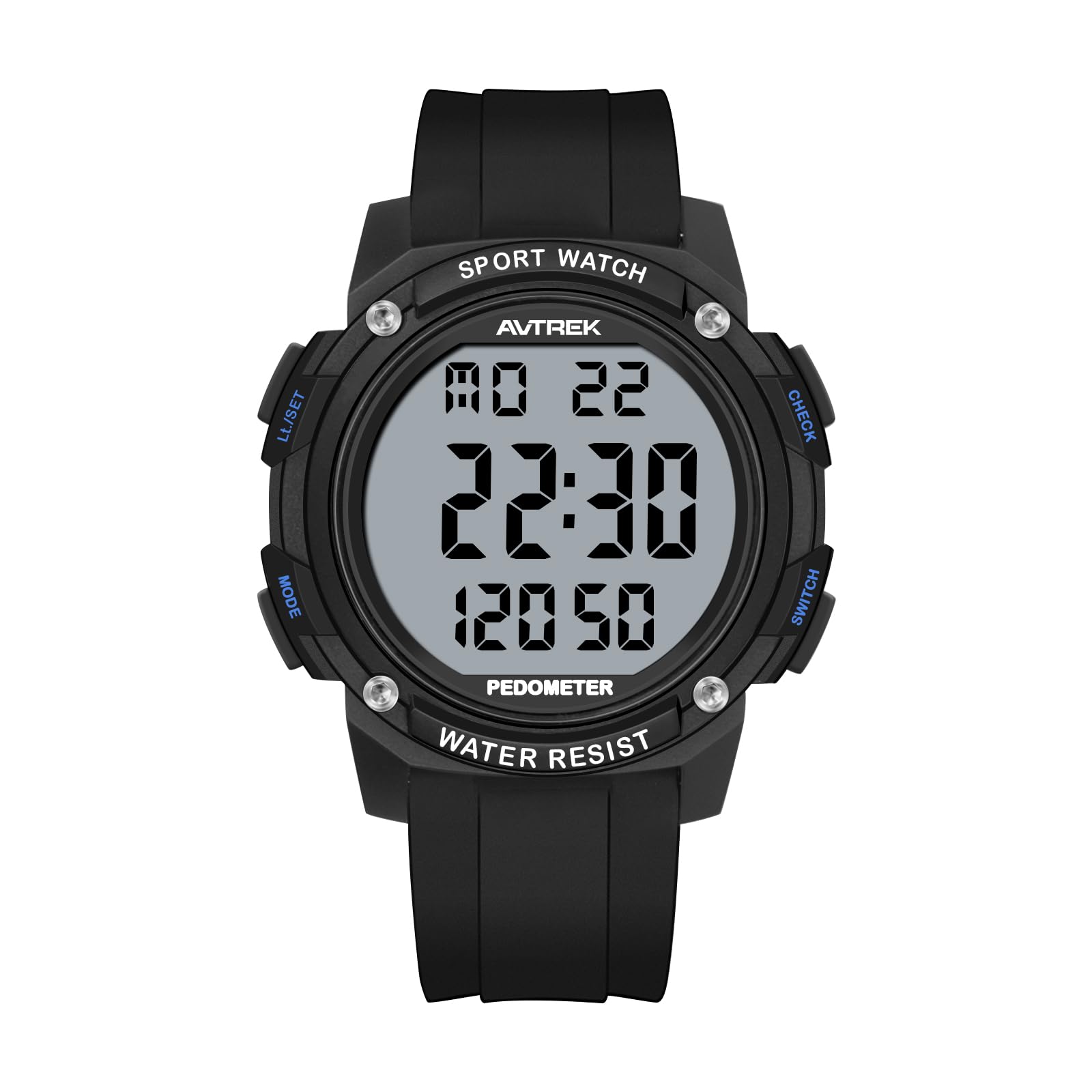 AVTREK Waterproof Pedometer Watch Step Counter for Walking No APP/Bluetooth Required Sport Fitness Tracker with LCD Large Numbers Miles Calories(Black)