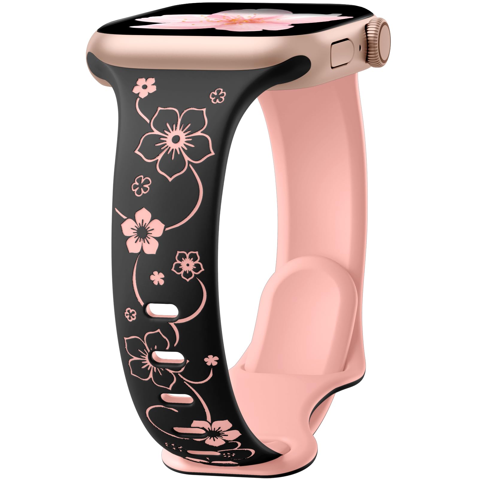 Lerobo Slim Thin Two-Tone Compatible with Apple Watch Band 40mm 38mm 41mm 42mm 44mm 45mm 46mm 49mm for Women- Soft Cute Flower/Heart Engraved Sport