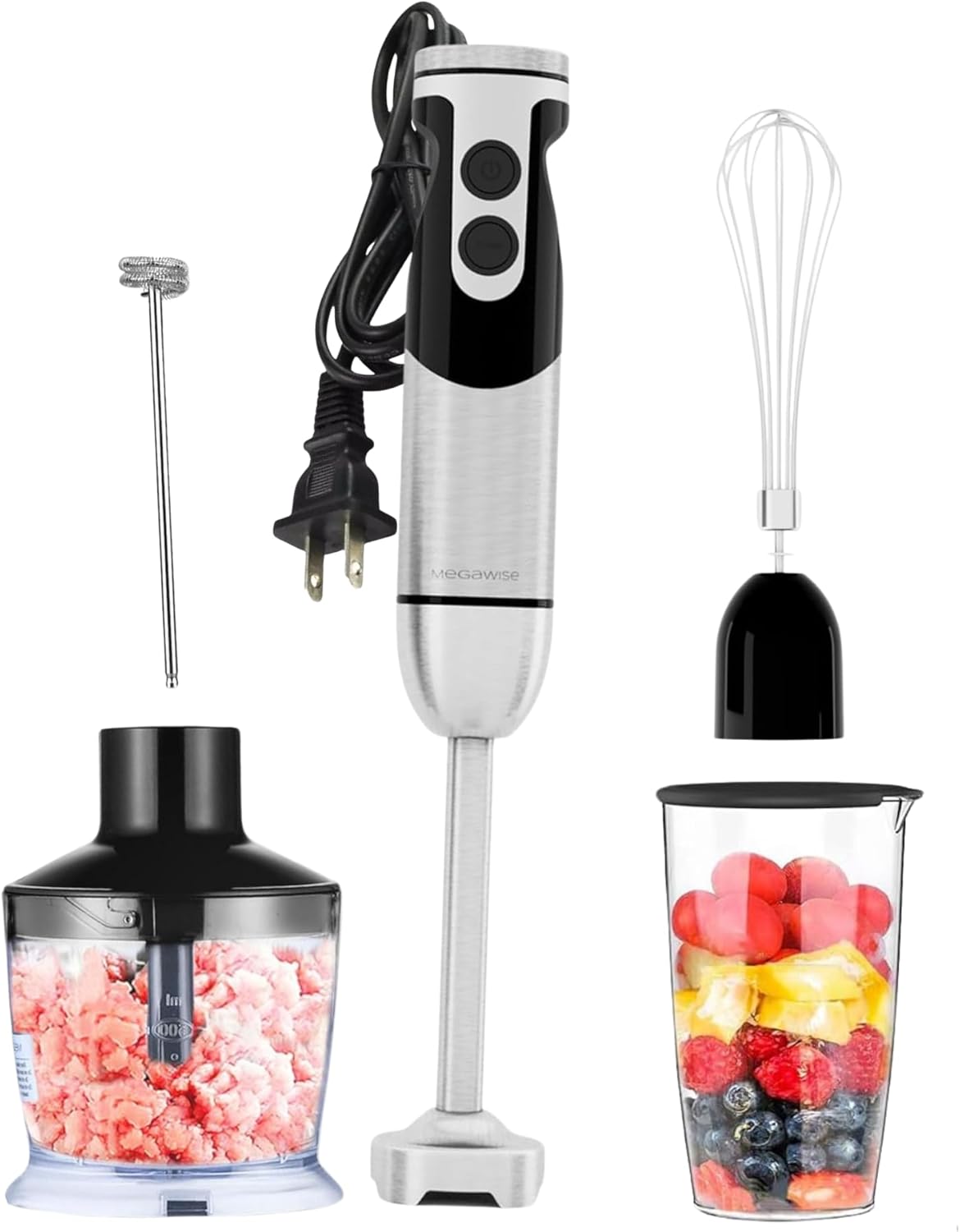 MegaWise Staafmixer, zwart, 800 W, 5-in-1, 12 snelheden en turbo-modus, messen van titaniumstaal, handgreep met garde, hakmolen, en maatbeker