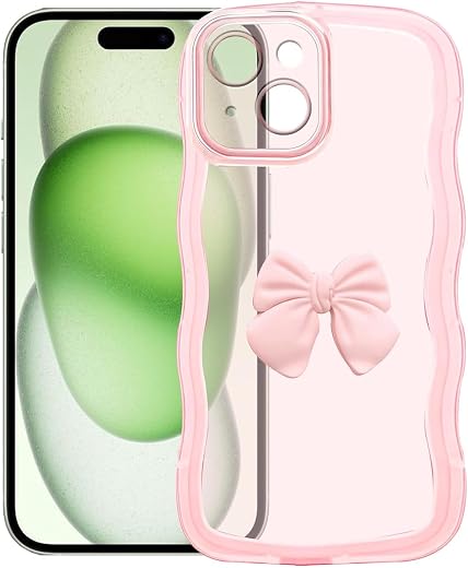TWIKKA Cute Bow Soft Silicone Phone Case for iPhone 15 | Transparent Wavy Edge Shockproof Cover for Women & Girls, Slim An...
