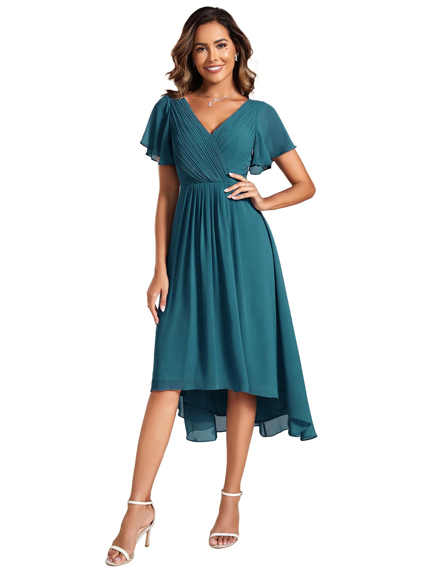 Ever-Pretty Abito estivo da donna in chiffon plissettato con scollo a V corto per ospiti di matrimonio con maniche arricciate 01923