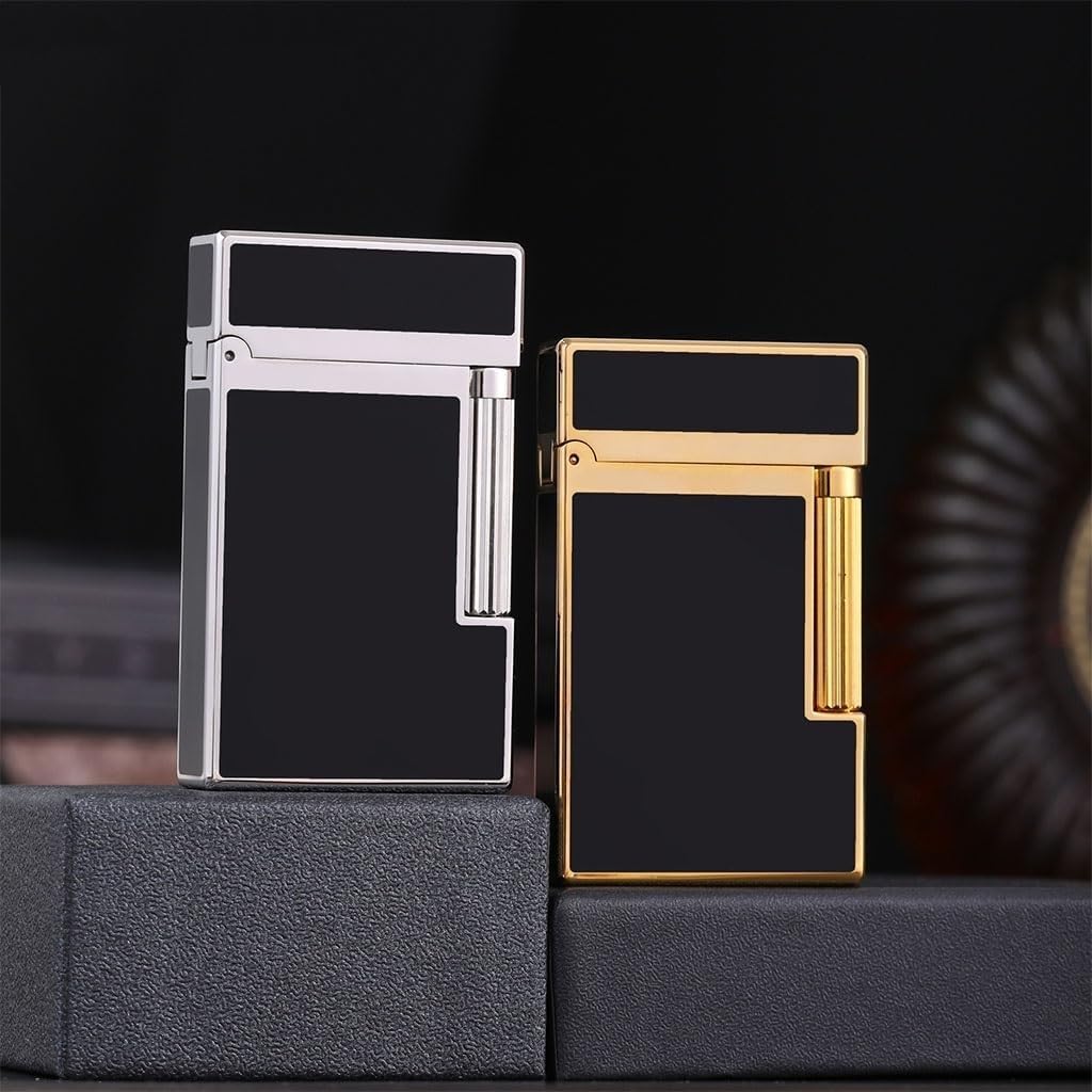 Brass Flint Side Slide Ignite Lighter, Classic Soft Flame Piano Tone Butane Gas Torch Lighter, Adjustable Flame Size, Reusable, Indoor and Outdoor Use, High-end Men's Collection Gift(Blank Gold)