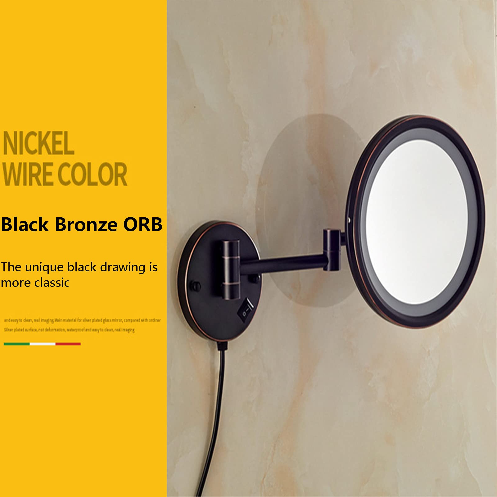 10 Pulgadas Espejos De Aumento De Pared,LED Solo Lado 3X Espejo De Maquillaje, Adecuado para Dormitorio, Comercial, Baño,Negro,10
