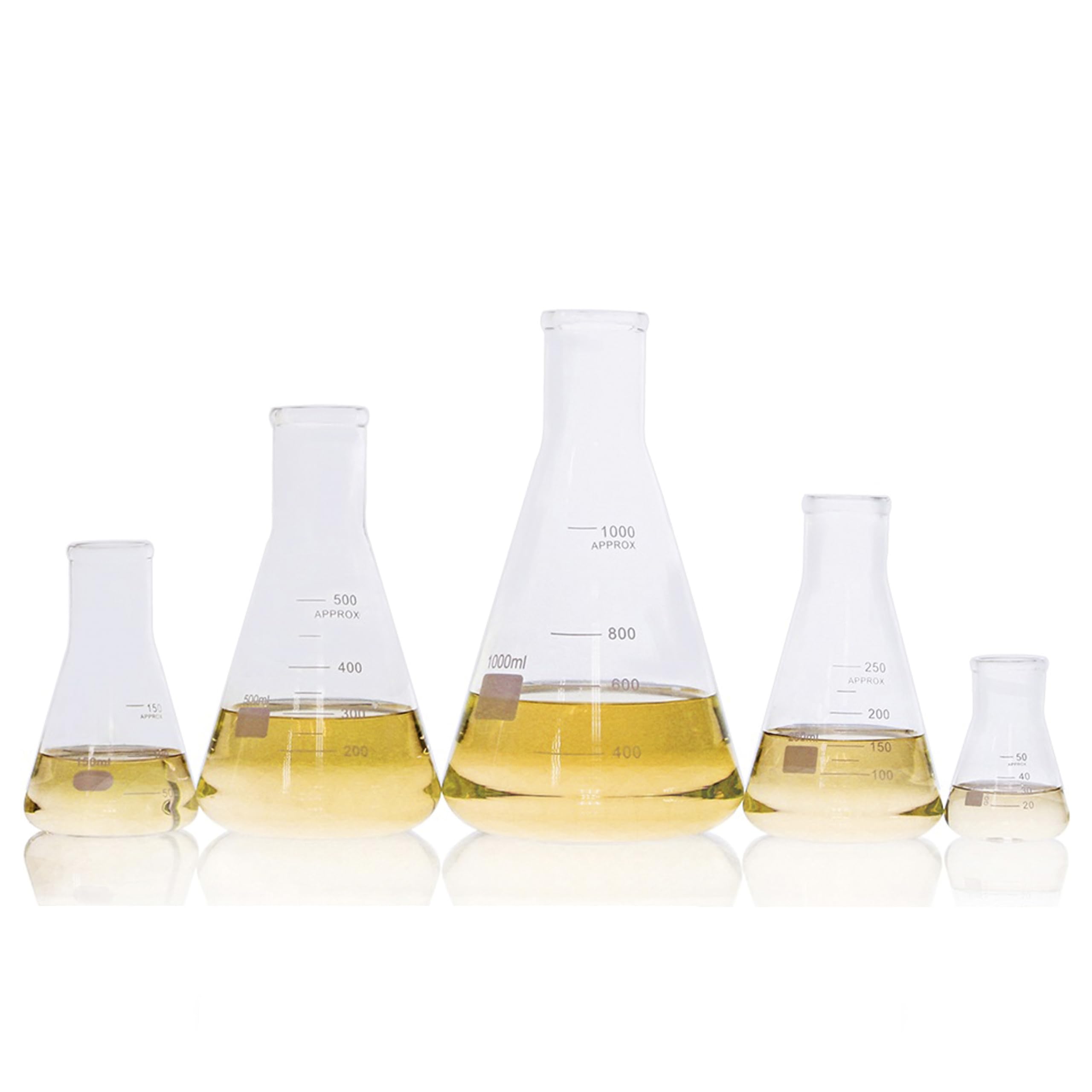 KENZIUM - Pack 5 x Matraces Erlenmeyer | 5 Medidas: 50 ml, 150 ml, 250 ml, 500 ml y 1000 ml | Vidrio Borosilicato 3.3 | con Graduación Impresa | de Boca Estrecha | Ideal Laboratorio y Educación