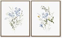 JOWOROLO Watercolor Floral Canvas Wall Art Set of 2 - Blue Yellow Botanical Prints, Framed 11x14 Inch Minimalist Decor for Bedroom Bathroom Office