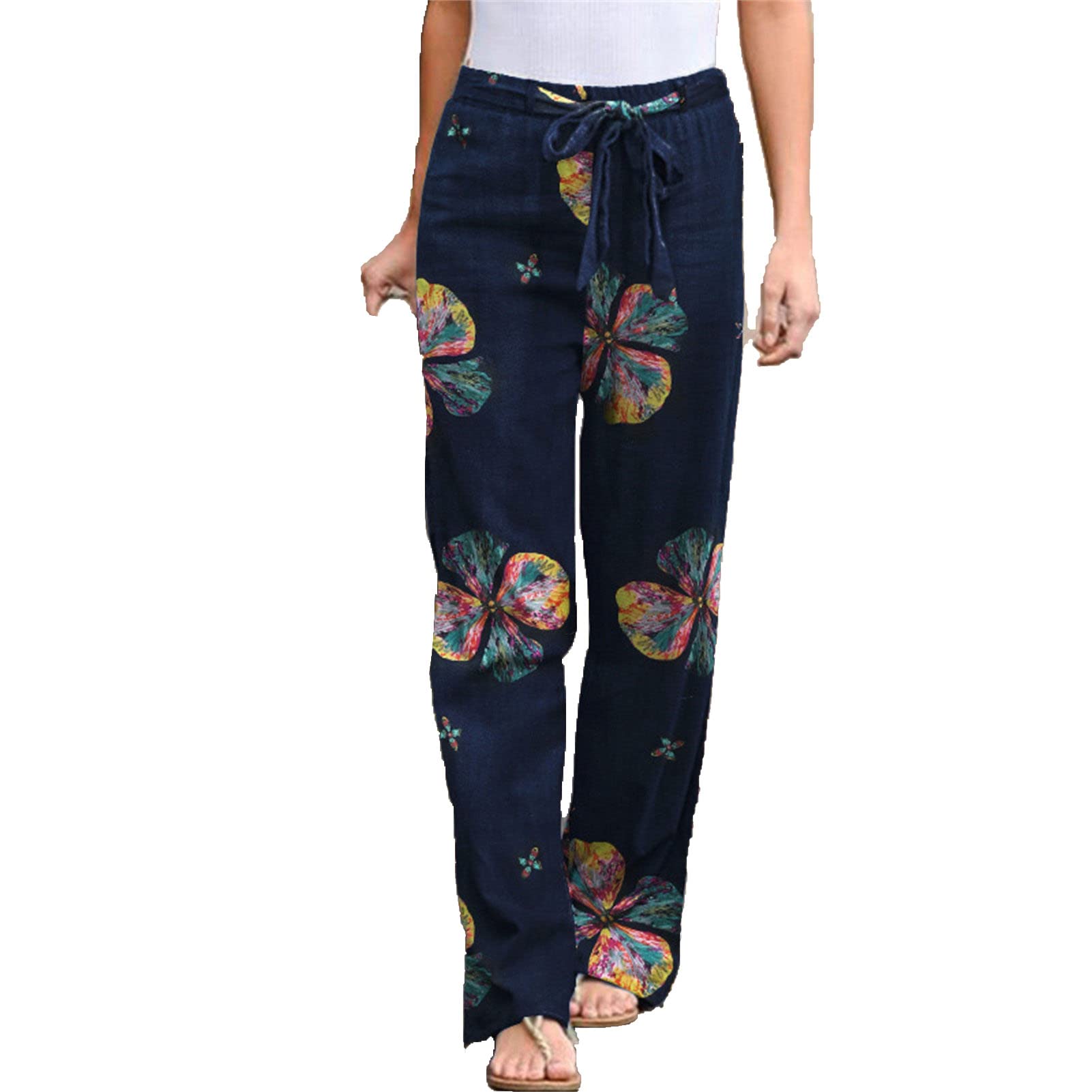 Maiyifu-GJ Women Floral Print Linen Belted Pants Elastic High Waist Printed Hippie Trousers Casual Beach Wide Leg Lounge Pant (Dark Blue 1,4X-Large)