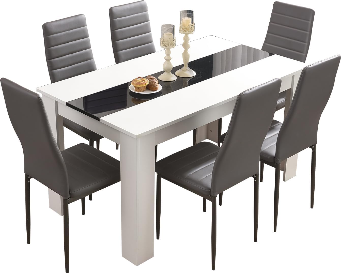 Dining Table and Chairs Set 6, Pu Leather Dining Room Chairs and 18mm Thick Table Top 140 x 80 cm Long Wooden Dining Table Set For Home Kitchen Furniture