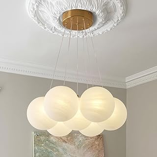 7-Lights Milk Glass Bubble Chandeliers Lighting, Modern Nordic Large Globe Chandelier Mid-Century Ball Pendant Light Fixture for Bedroom, Living Room, Dining Room, Entry, Island