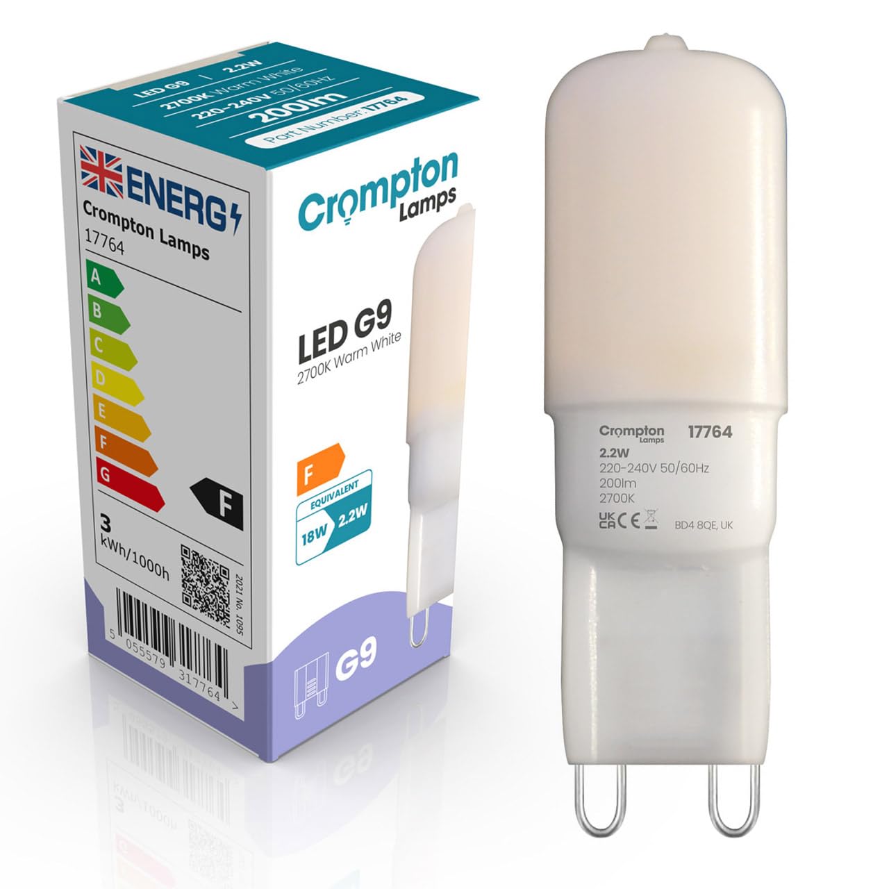 Crompton Lamps LED G9 Capsule Bulbs 2.2W | 18W Halogen Replacement | Warm White 2700K | Energy-Saving LED Light Bulbs | Opal G9 Bulbs for Ceiling, Cabinet & Accent Lighting