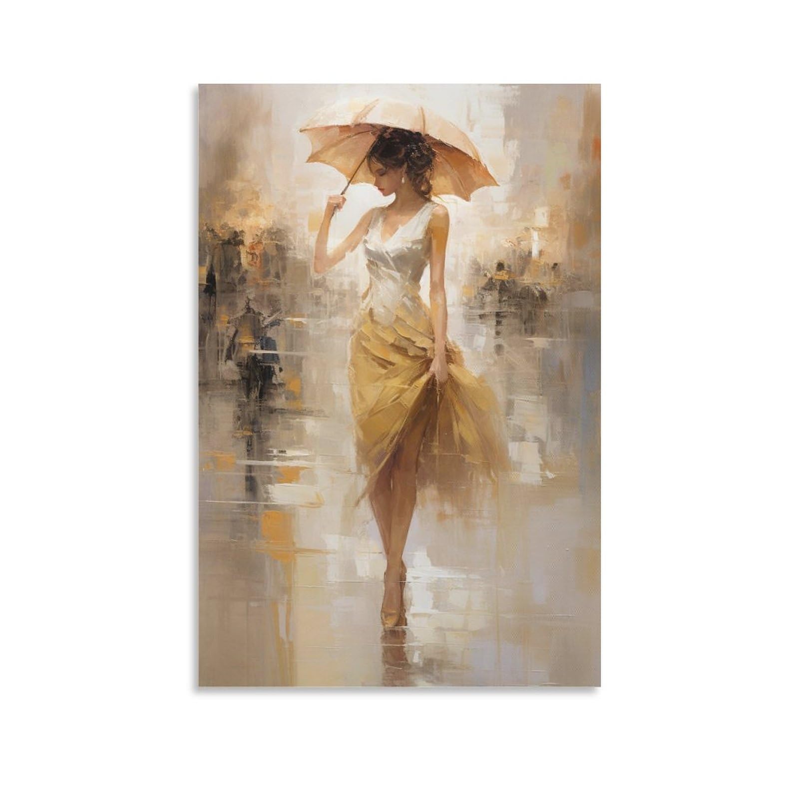 AYAROS Umbrella Women Canvas Wall Art for Bedroom Retro Yellow White Dress Wall Decor Poster for Room Aesthetic Unframed 12x18 inch