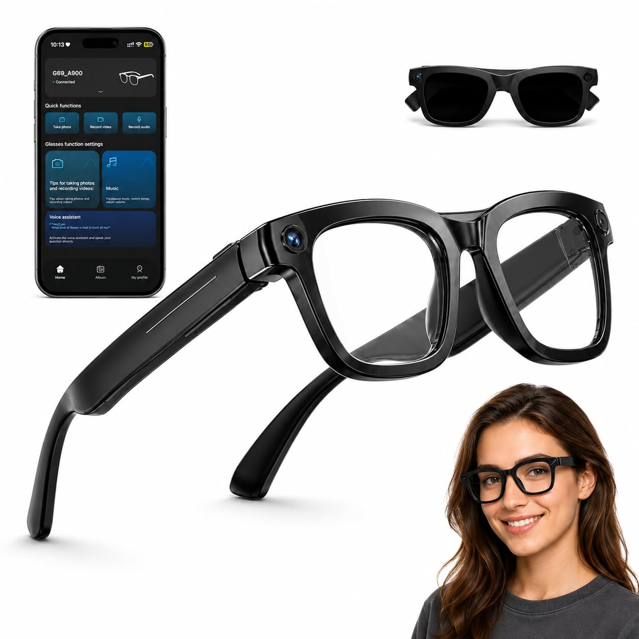 Occhiali con Telecamera HD 8MP, Video, Traduzione in Tempo Reale, Assistente Vocale AI Riconoscimento AI Chiamate e Musica, Occhiali Smart Glasses Lenti Anti Luce Blu, Occhiali da sole Intercambiabili