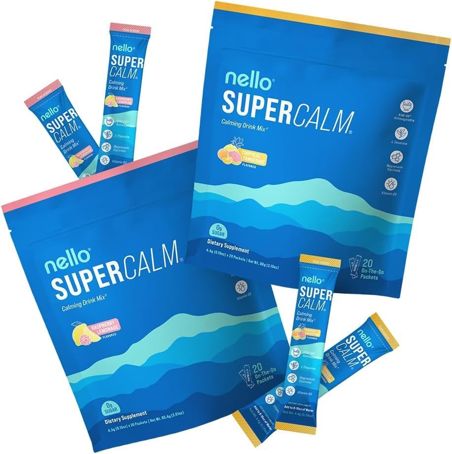 Supercalm Drink Mix - Raspberry Lemonade and Tropical Tangerine Ashwagandha KSM 66, Magnesium Glycinate & L-Theanine Supplement - Focus and Relaxation Support (2 x 20 Travel Packets)