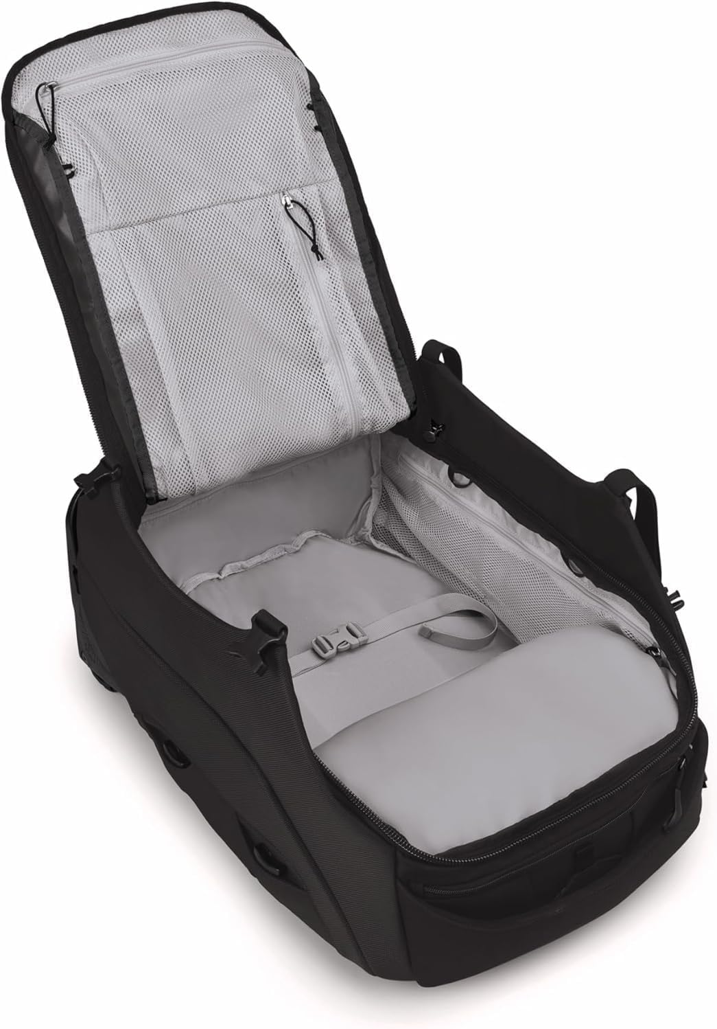 Chini view of Osprey Sojourn 22"/45L Wheeled Travel Backpack showing the durable wheels and chassis.
