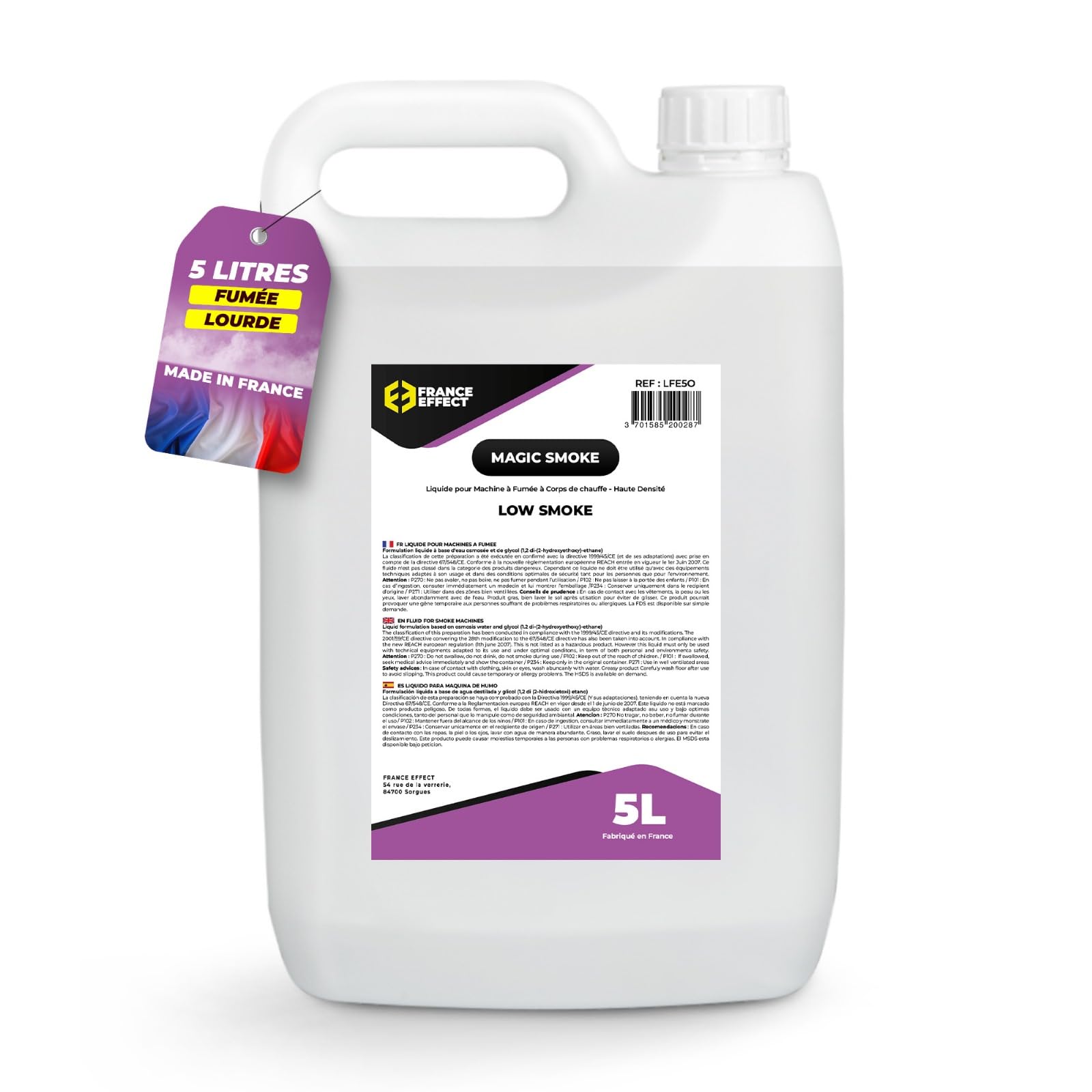 France Effect Liquide pour machine à fumée Lourde - Low Smoke - Magic Smoke® 5L - Fumée compacte, Inodore et biodégradable - Fabriqué en France.