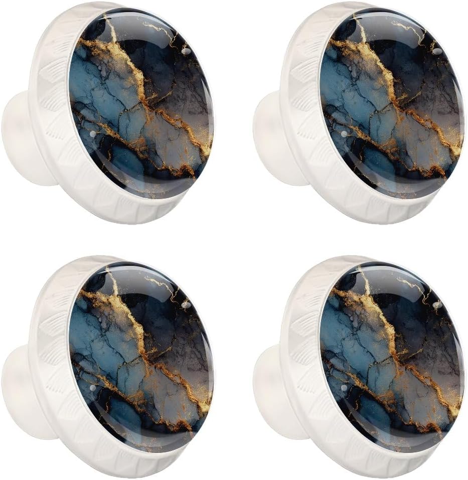 4 Pack Cabinet Knobs, Black Gold Marble White Knobs with Screws Round Furniture Drawer Pulls Handle for Dresser Cupboard Wardrobe Closet Hardware