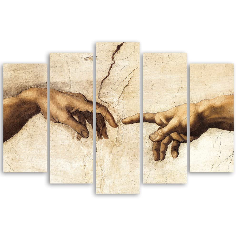 Feeby 5-teilig Bild auf Vlies Leinwand 150x100 cm Die Erschaffung Adams Reproduktion Michelangelo Kunstdruck Modern Wandbilder Deko Flur Wohnzimmer Gewölbe Sixtinische Kapelle Hände Beige