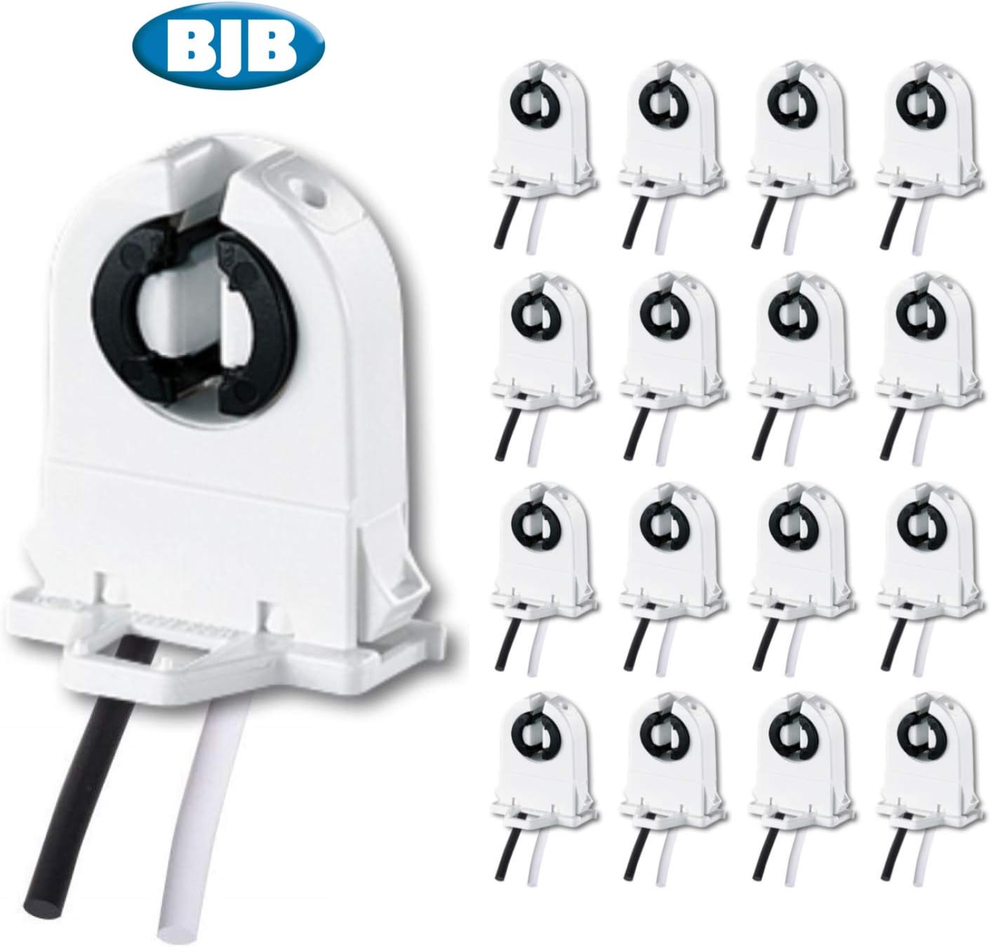 16 Pack - BJB UL Listed Non-Shunted T8 Lamp Holder Socket Tombstone with 12 Inch Wires Attached for LED Fluorescent Tube Replacements Push Through Snap In Lampholder (16)