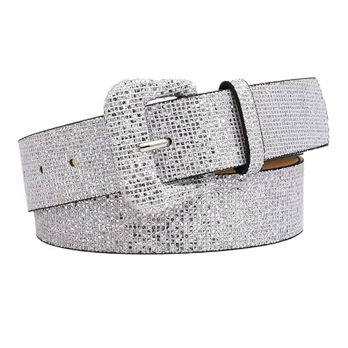 COTIM COYIN Broad Girls Sequin Sparkly Leather Belt, Silver