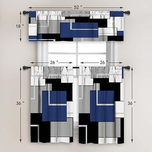 Miniatura 4 de MCALK Juego de cortinas de cocina azul marino, 3 piezas para ventanas, arte geométrico moderno, juego de cortinas de ventana de cocina, cenefas
