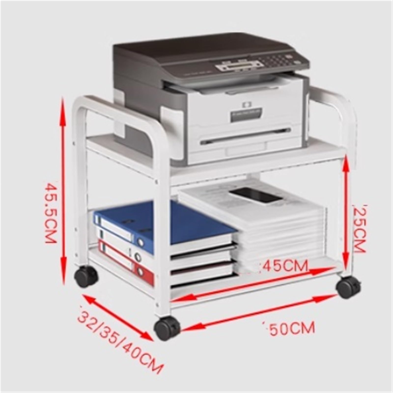 Mobiler Druckerwagen mit Rädern, robust, CD-Player-PC-Tower-Ständer, Metallstahlrahmen, Kleiner Drucker-Tischhalter, für unter dem Schreibtisch, zu Hause, im Büro, 2 Ebenen (50 x 4