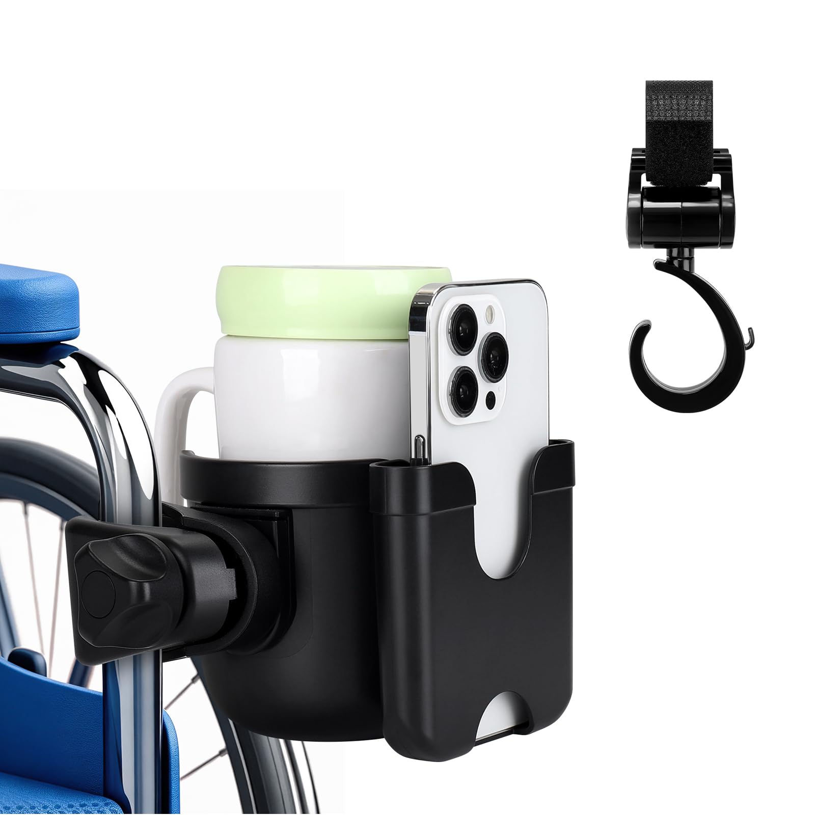 Accmor Wheelchair Cup Holder and Hook, 2-in-1 Walker Cup Holder Attachment, Universal Drinks Holder for Stroller, Scooter, Rollator, Walker, Wheelchair Accessory