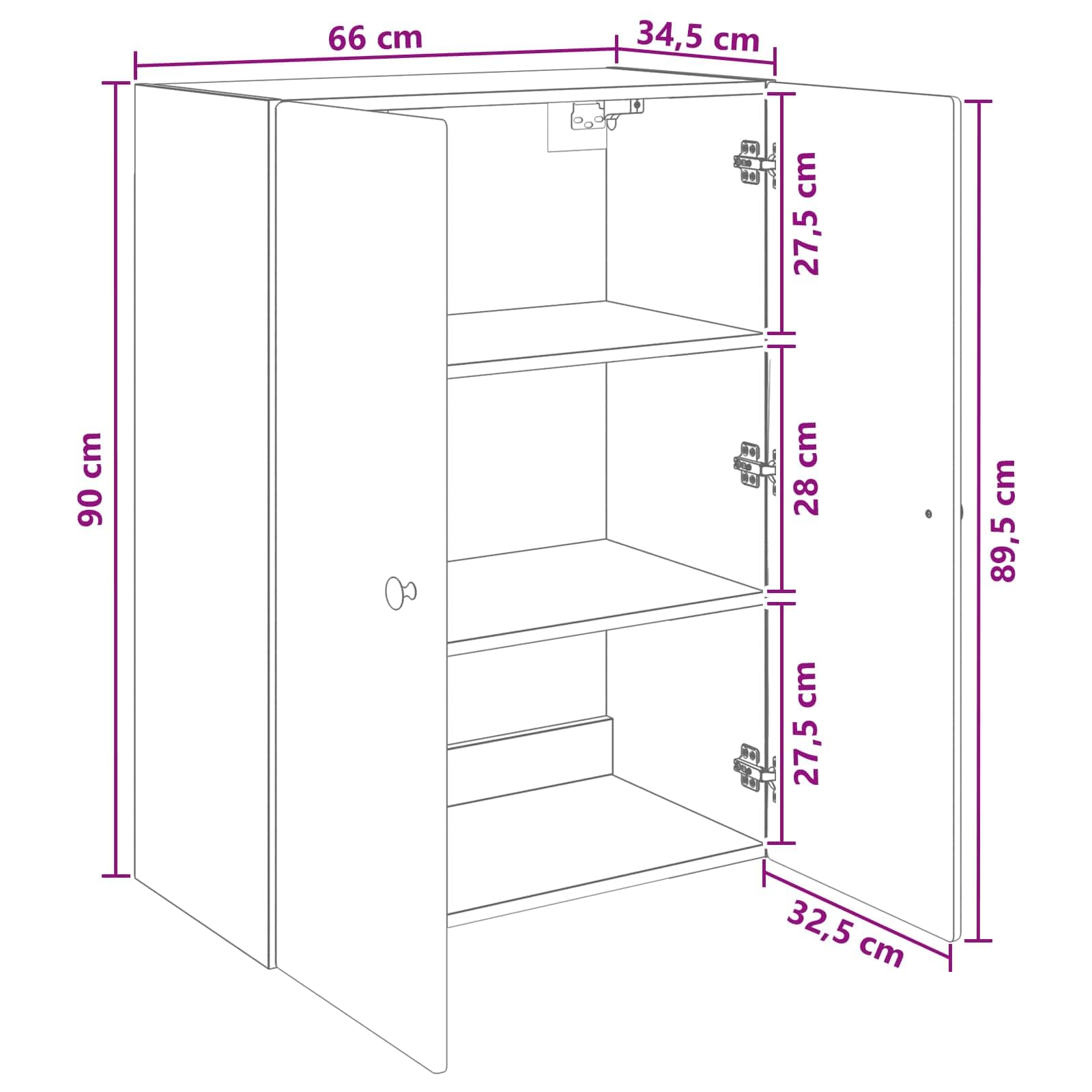 Armadio portaoggetti da parete in rovere affumicato, 66 x 34,5 x 90 cm, con 2 ante e 2 ripiani, chiudibile, per ufficio, garage, cantina
