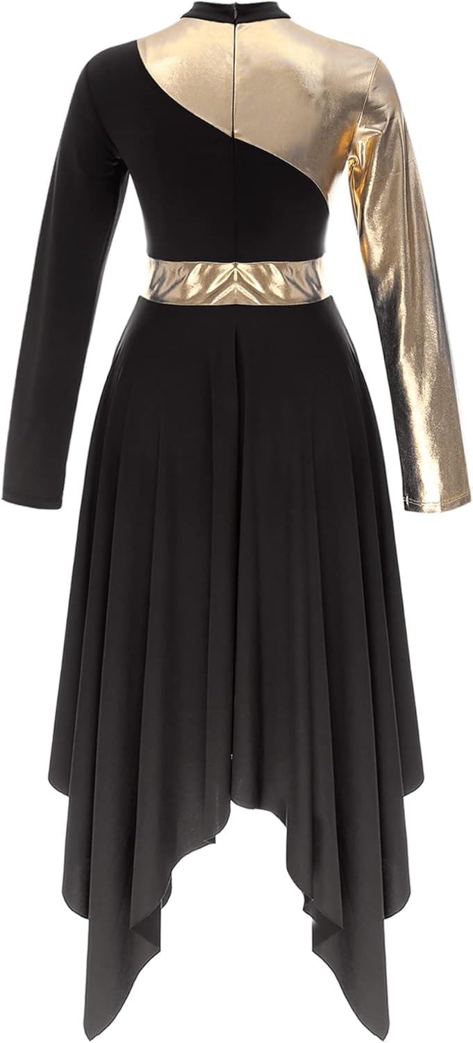 ranrann Women's Asymmetrical Praise Dance Costume Long Sleeve Color Block Worship Lyrical Dance Dress
