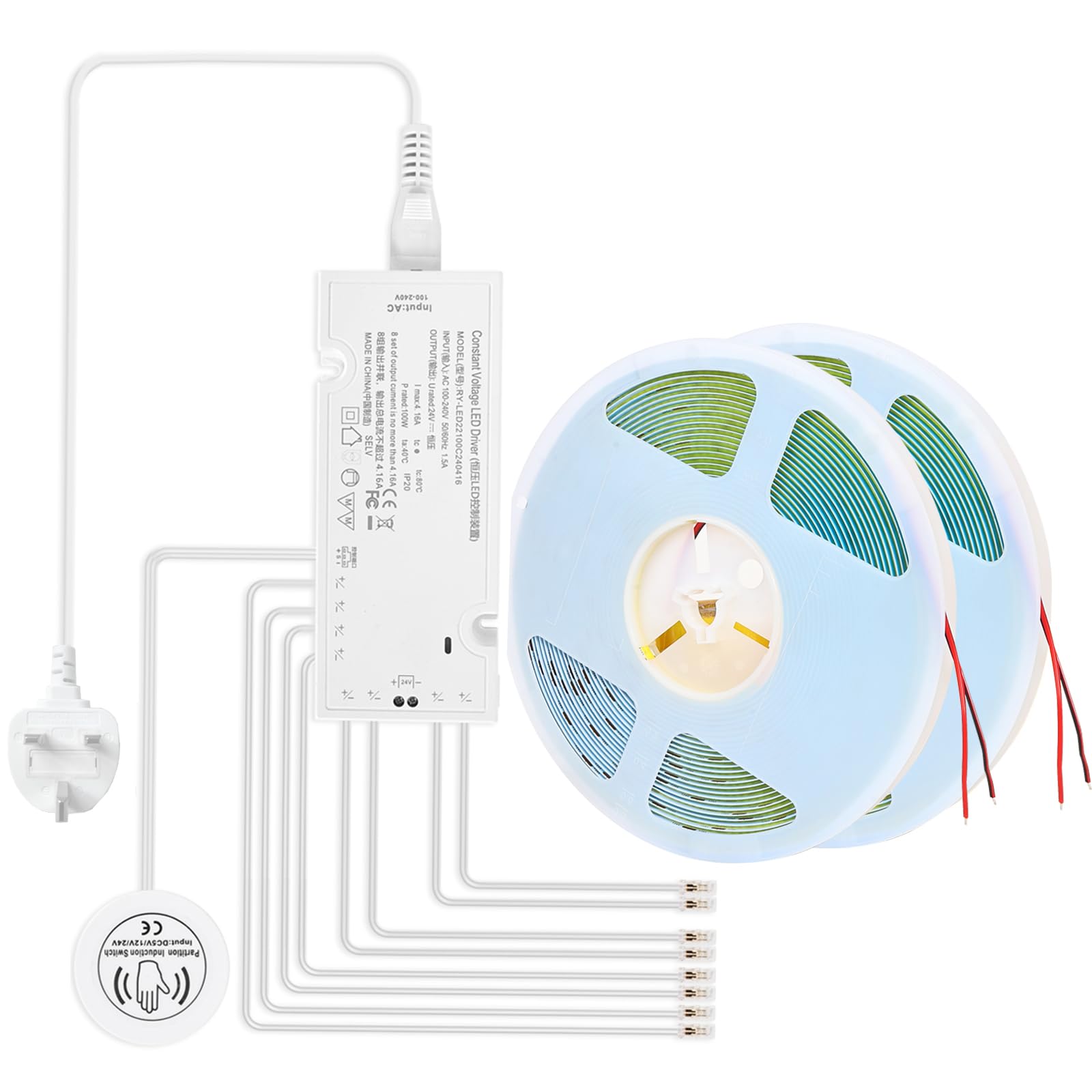 RYE Under Cabinet LED Light Strip Kit, 2x5m Cuttable 6500K White COB, Diffused Power with 8 JST & 2 Hardwired Outlets,Touch Sensor for Bookshelf, Floating Shelf,Counter,Slat Wall Panel DIY Lighting.