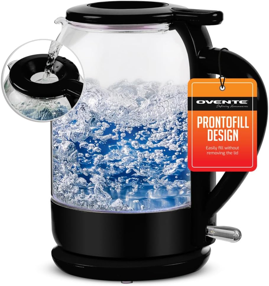 OVENTE Electric Kettle with 1.5L Borosilicate Glass, 1500W Fast Boiling Water Heater for Coffee or Tea, Prontofill Technology, Auto Shut-Off, Boil-Dry Protection & Stainless Steel Filter, Black KG516B (Black Prontofill) Thumbnail