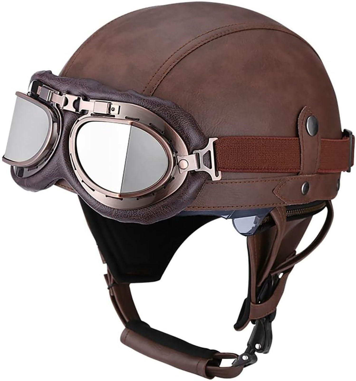 Casque Moto en Cuir Vintage avec Lunettes ECE Homologué Casque de Pilote Rétro Casque Scooter Homme Femme Demi Casque Coupe-Vent Casque pour Moto Vélo Scooter Équitation etc(3,L(59~60CM))