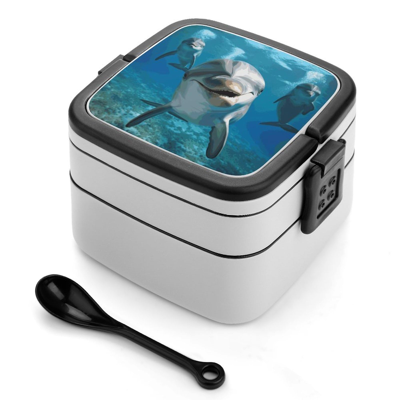 VstaDank Funny Dolphin Looking at You Bento Box Portable Adult Lunch Box with 2 Layer&Spoon Reusable Insulated Lunchbox Large Food Containers Leak Proof Lunch Containers for Work Camping Meal Prep