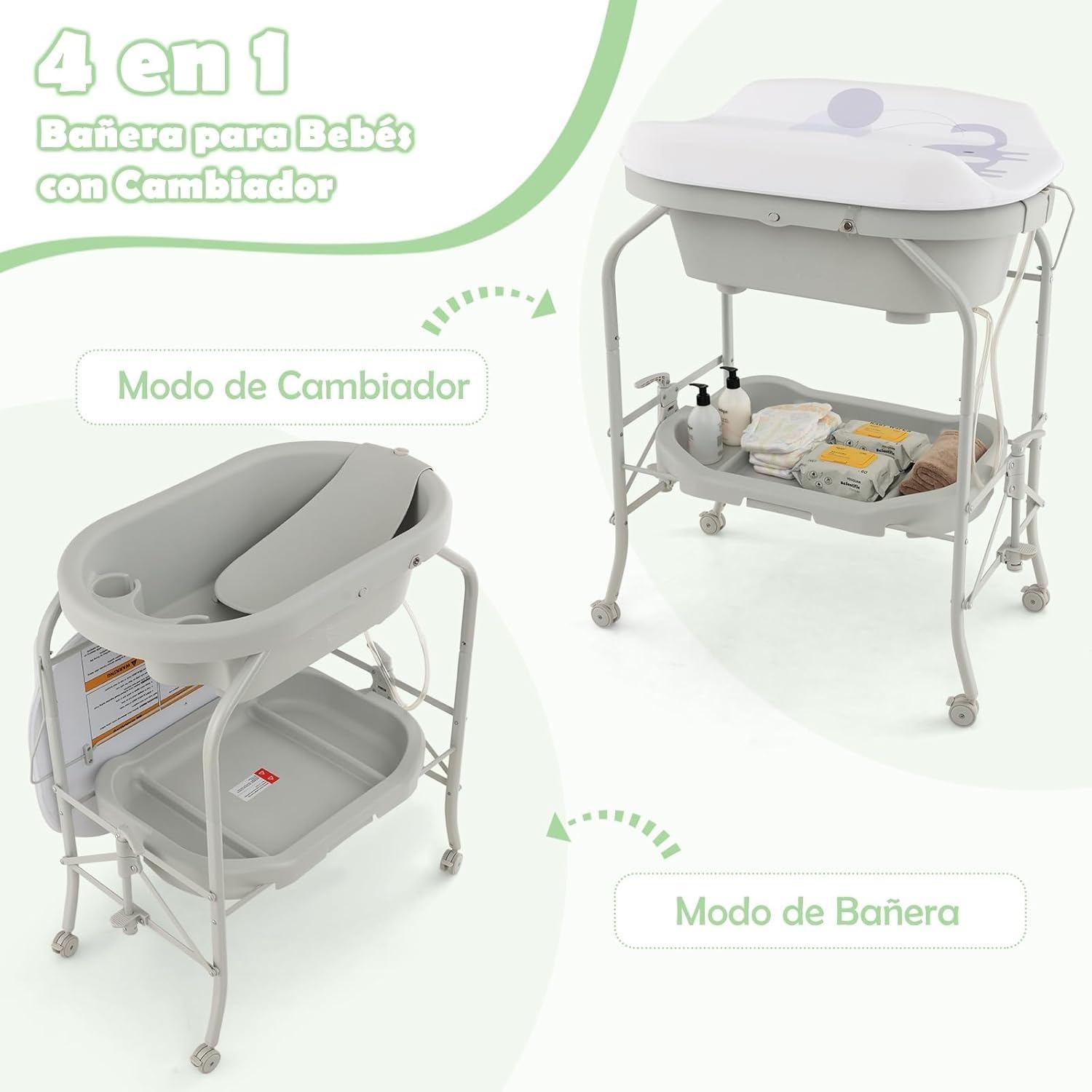 COSTWAY Bañera Bebe con Cambiador 4 en 1, Bañera Cambiador Bebe con Bandeja y 4 Ruedas Bloqueables, Cambiador Bebe Portátil y Plegable con Cesta de Almacenaje, Cojín Impermeable,Carga 35kg(Gris Claro)