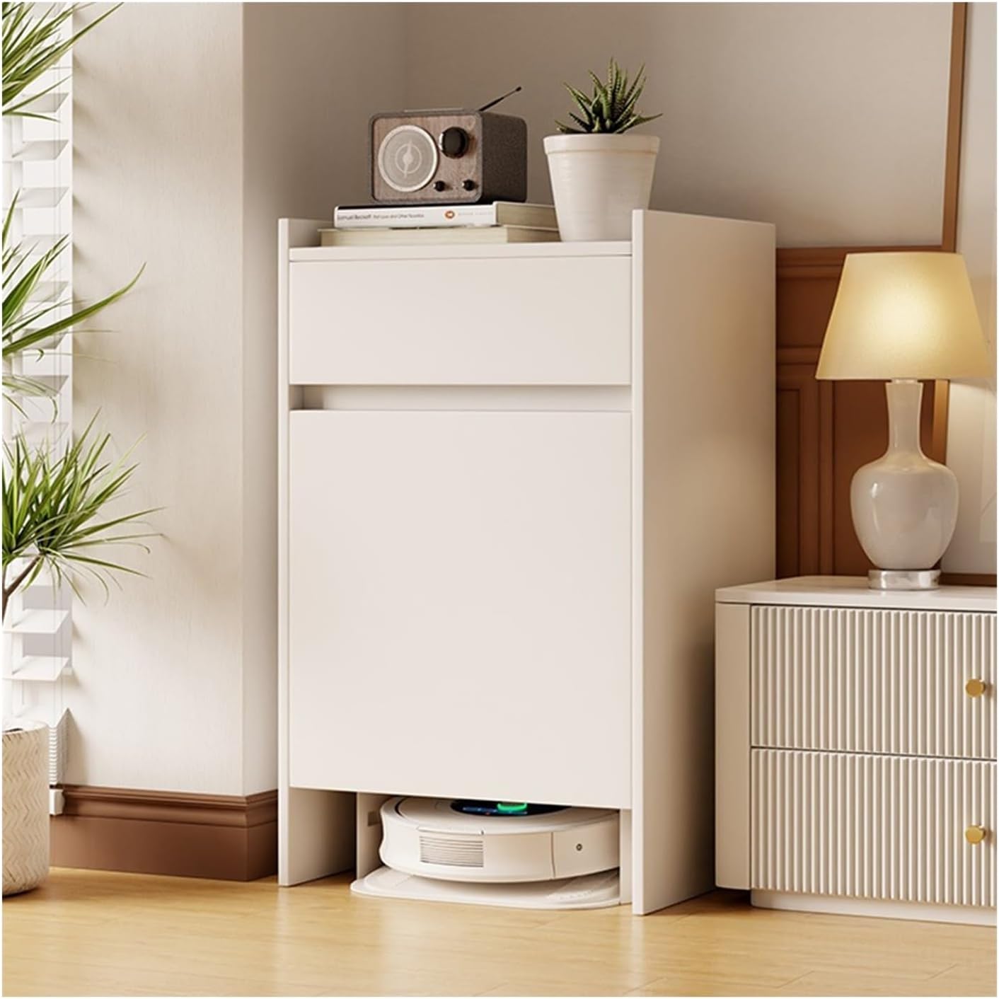 Sweeper Robot Storage Cabinet Sweeper Organizer Sweeping Robot Storage Cabinet Shelf Floor Scrubber Hidden Cabinet Storage Cabinet Sweeper Organizer(White)