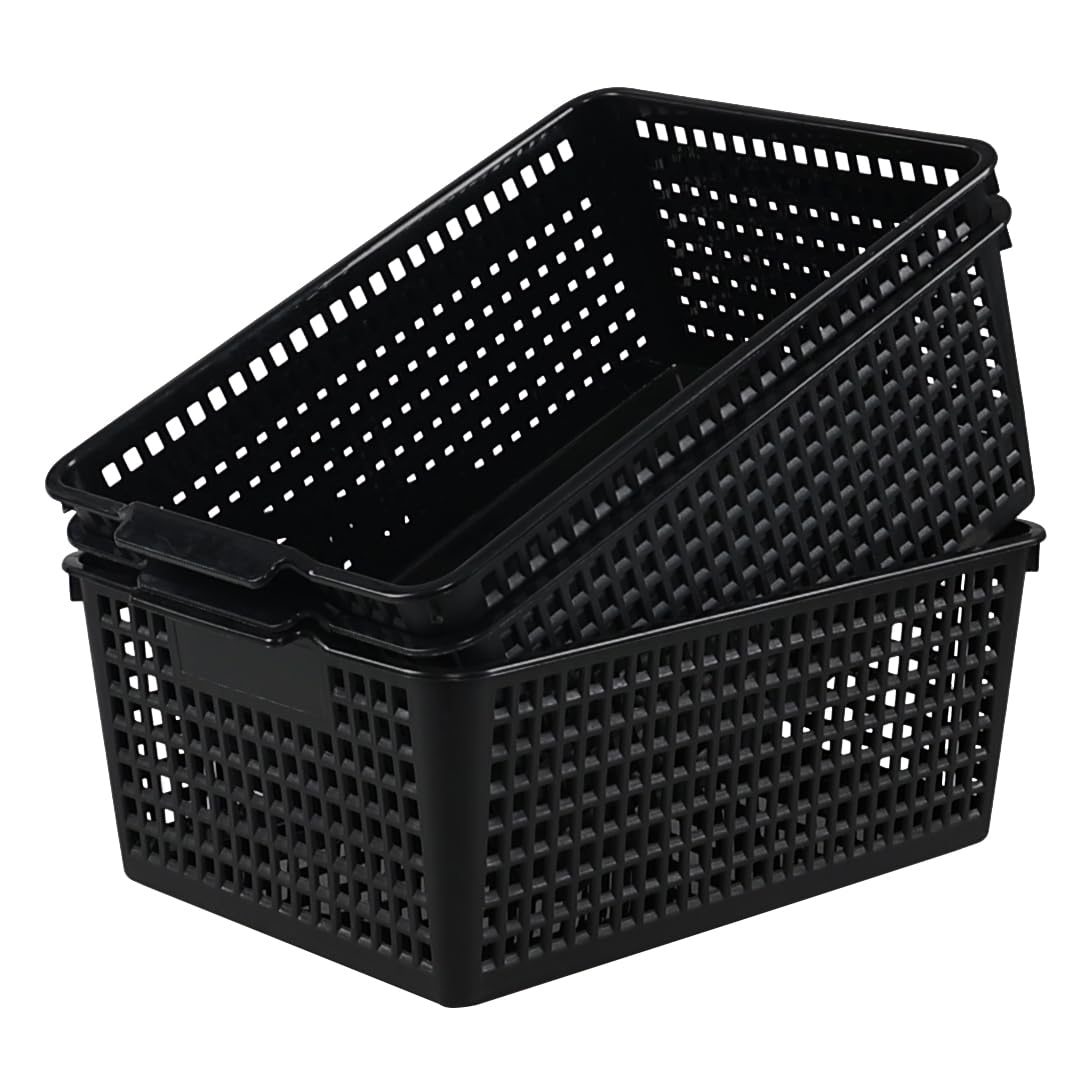 Guankan 3 Pack Large Plastic Storage Baskets, Black Cupboard Storage Baskets