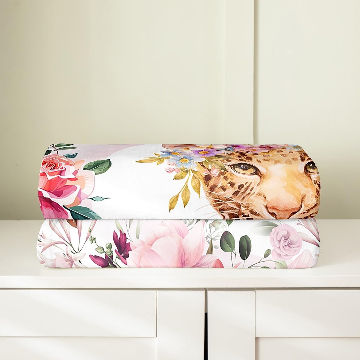 Feelyou Kids Cute Leopard Flannel Fleece Throw Blanket Queen 90"x90" Cartoon Animal Plush Blanket Flower Floral Print Fuzzy Blanket Farm Zoo Garden Theme Wildlife Style Decor All Season Bed Blanket