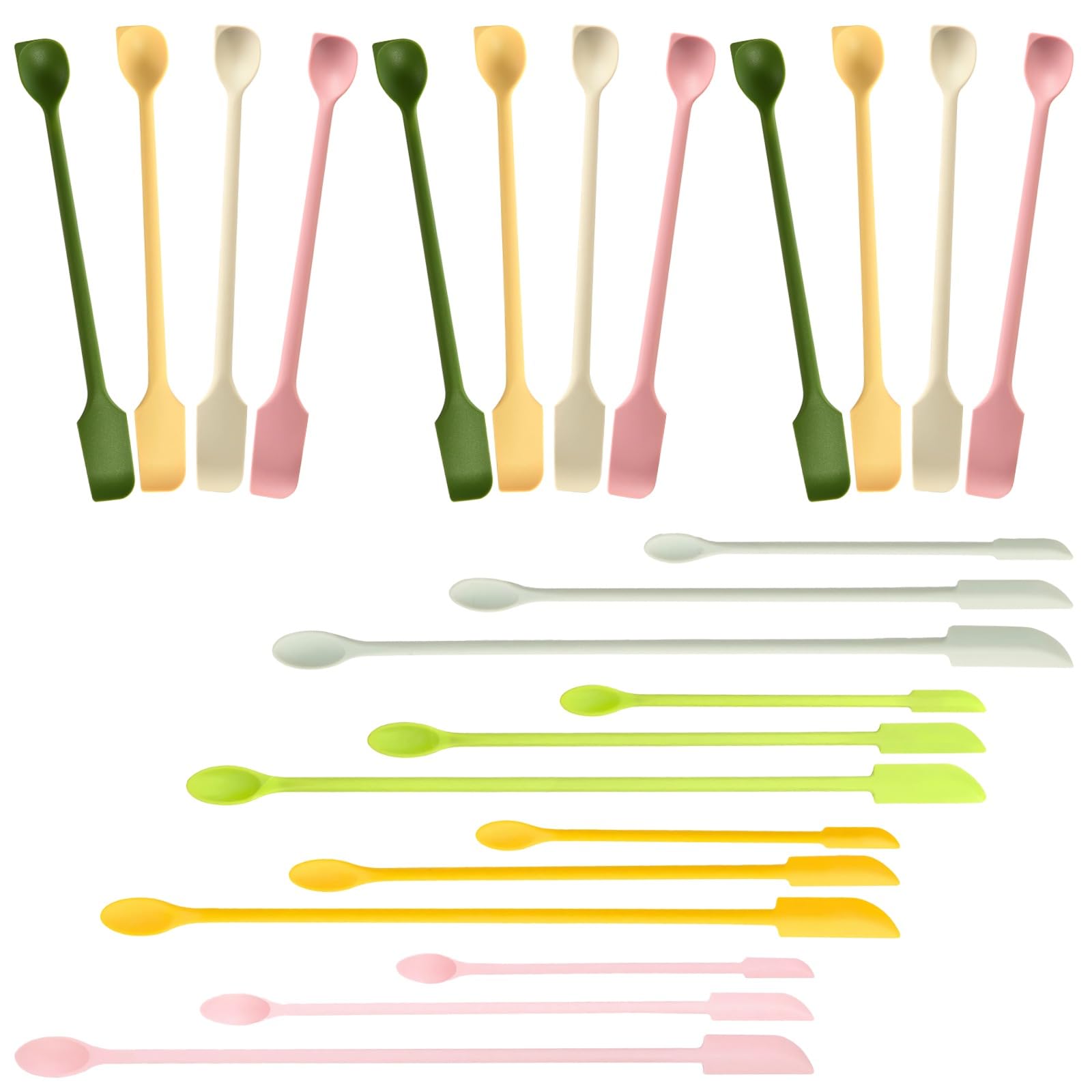 24-teiliges Silikonspatel-Set, Mini-Spatel mit Doppelkopf und langem Griff, Make-up-Schaber-Spatel für Küche und Haushalt, leicht zu reinigen, mehrere Farben, geeignet für Gläser und Behälter