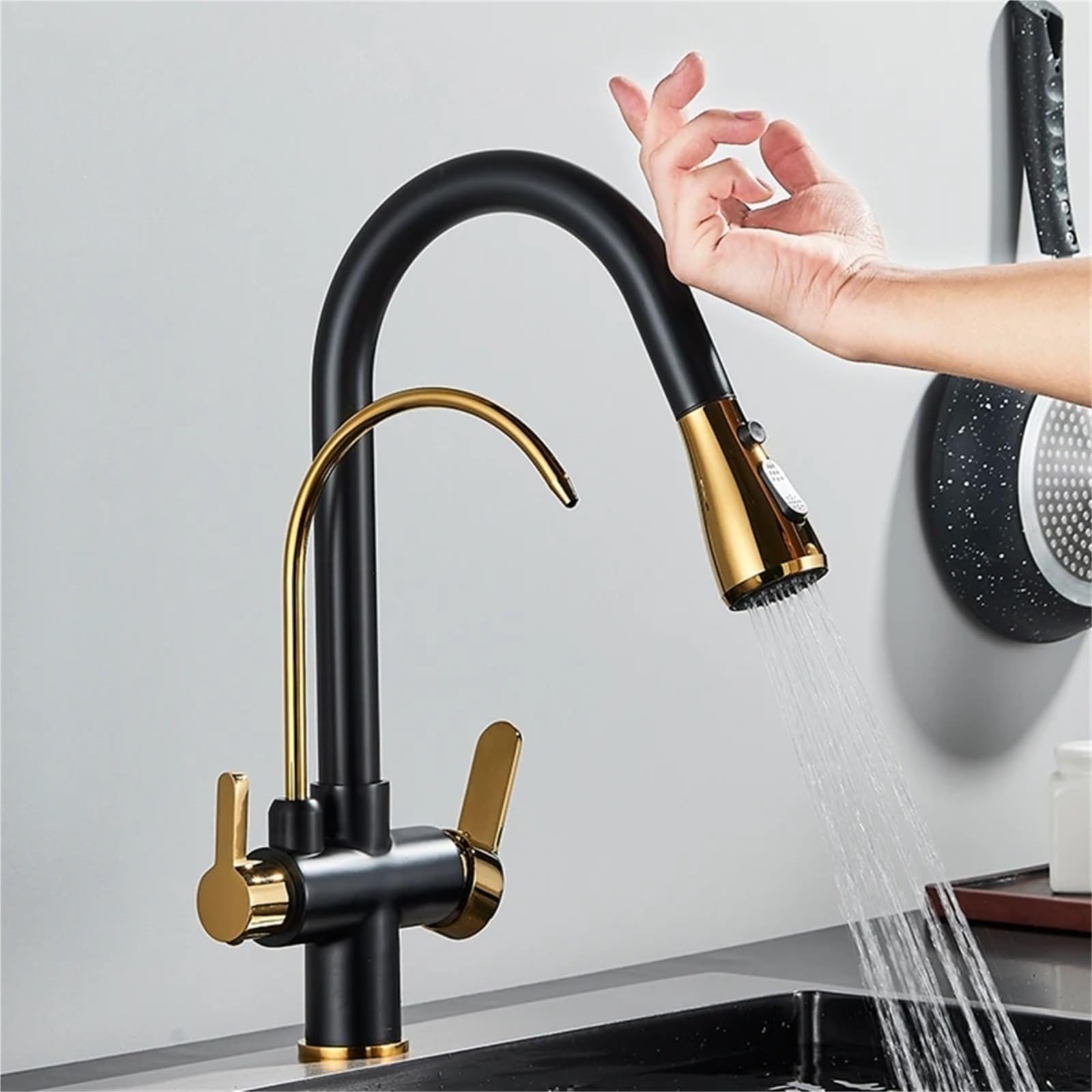 Touch Sensor Filter Kitchen Faucet Brass Kitchen Faucet with Pure Water Pull Out Mixer Tap Rotate Hot Cold Water(Chrome)
