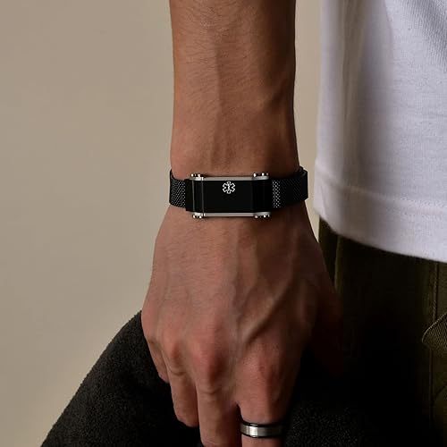 Miniatura 4 de MEALGUET Pulsera de alerta médica para hombres banda de malla de acero inoxidable grabado personalizado pulsera de identificación médica de